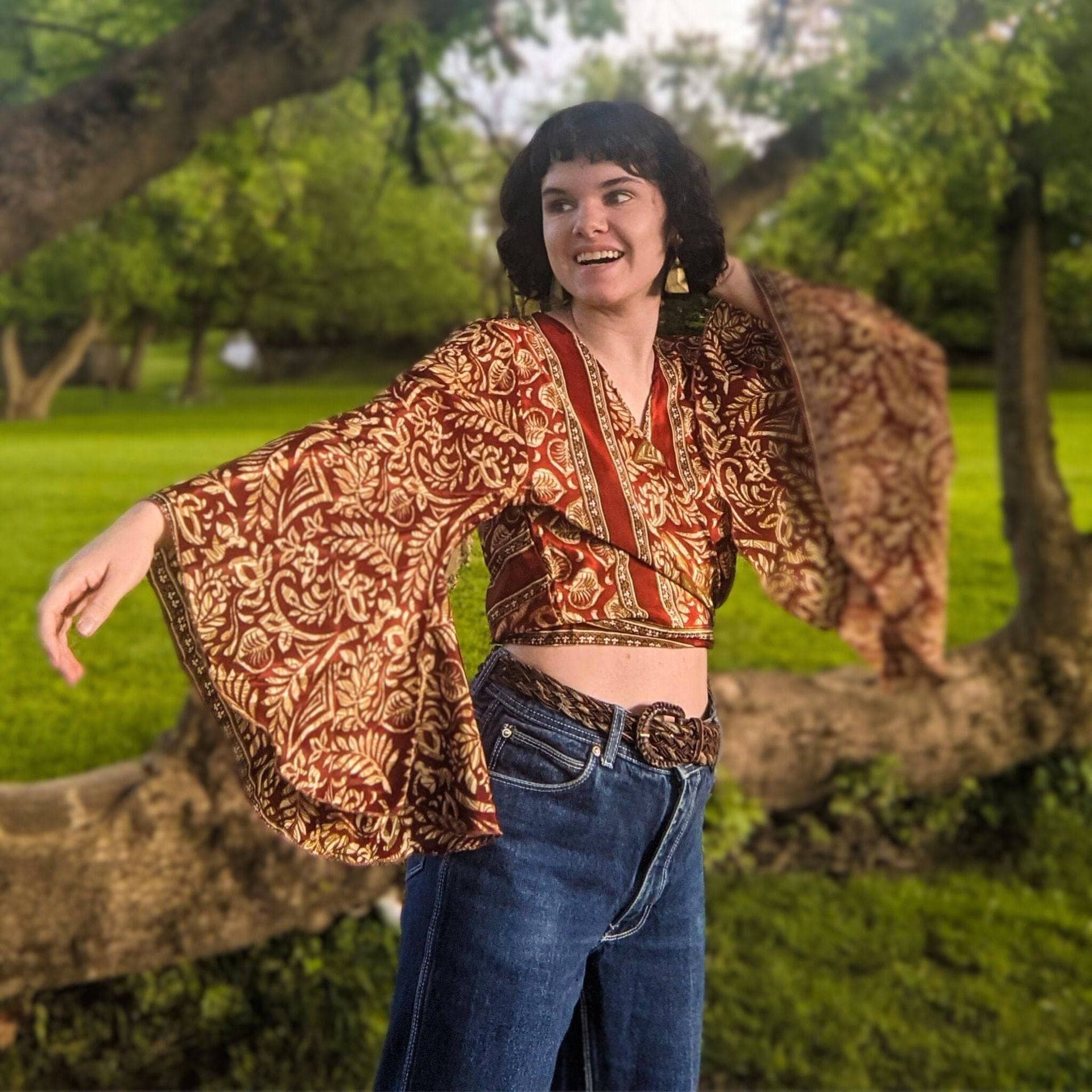 Sari Bell Sleeve Wrap Top - Sustainable Boho Wrap Blouse