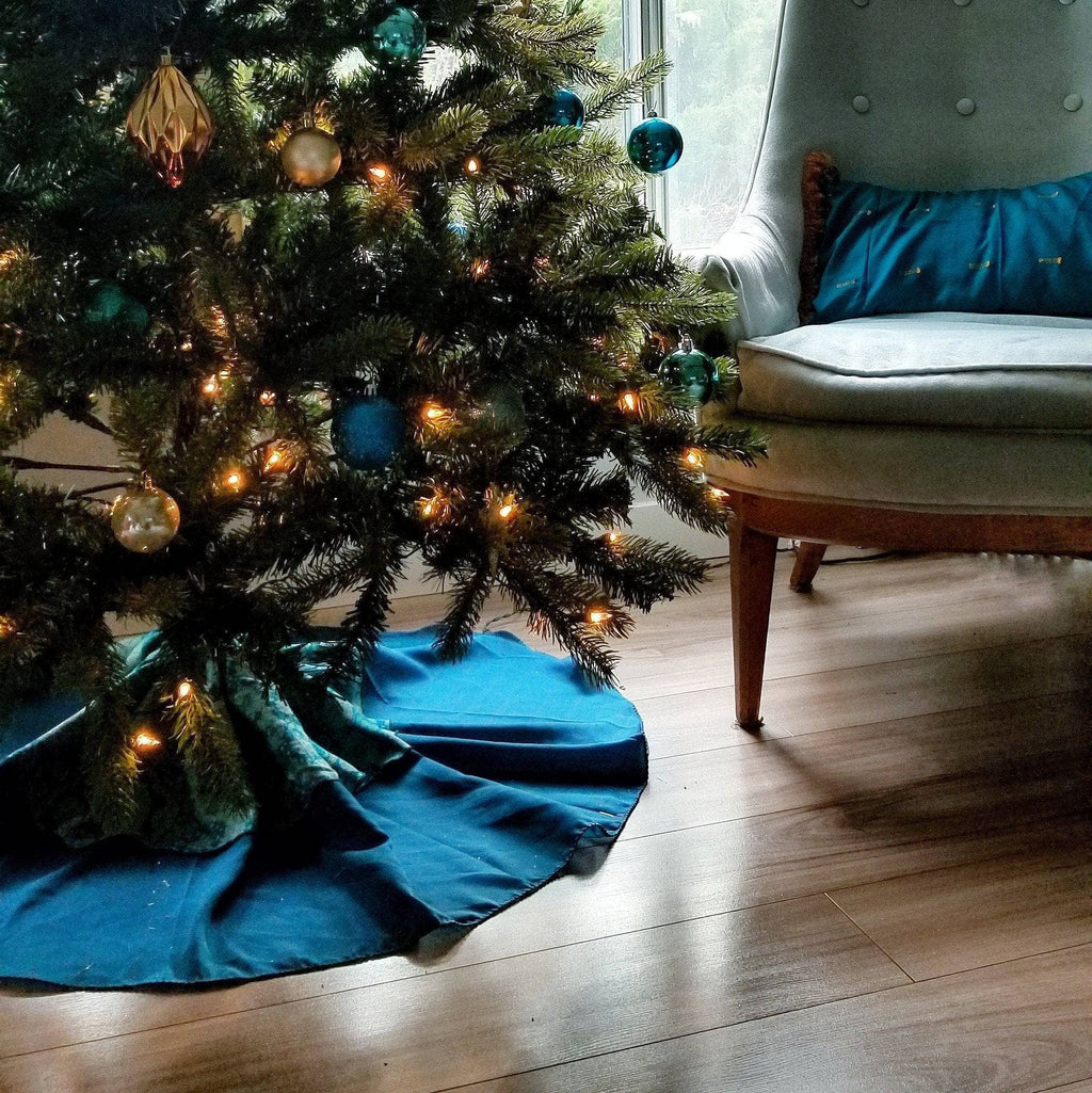 Beautifully handcrafted floral sari Christmas tree skirt with gold and magenta accents