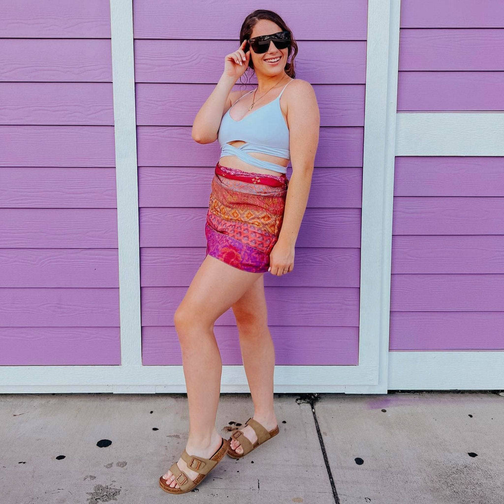 Vibrant Sari Medley Sarong styled as a beach cover-up and fashion scarf