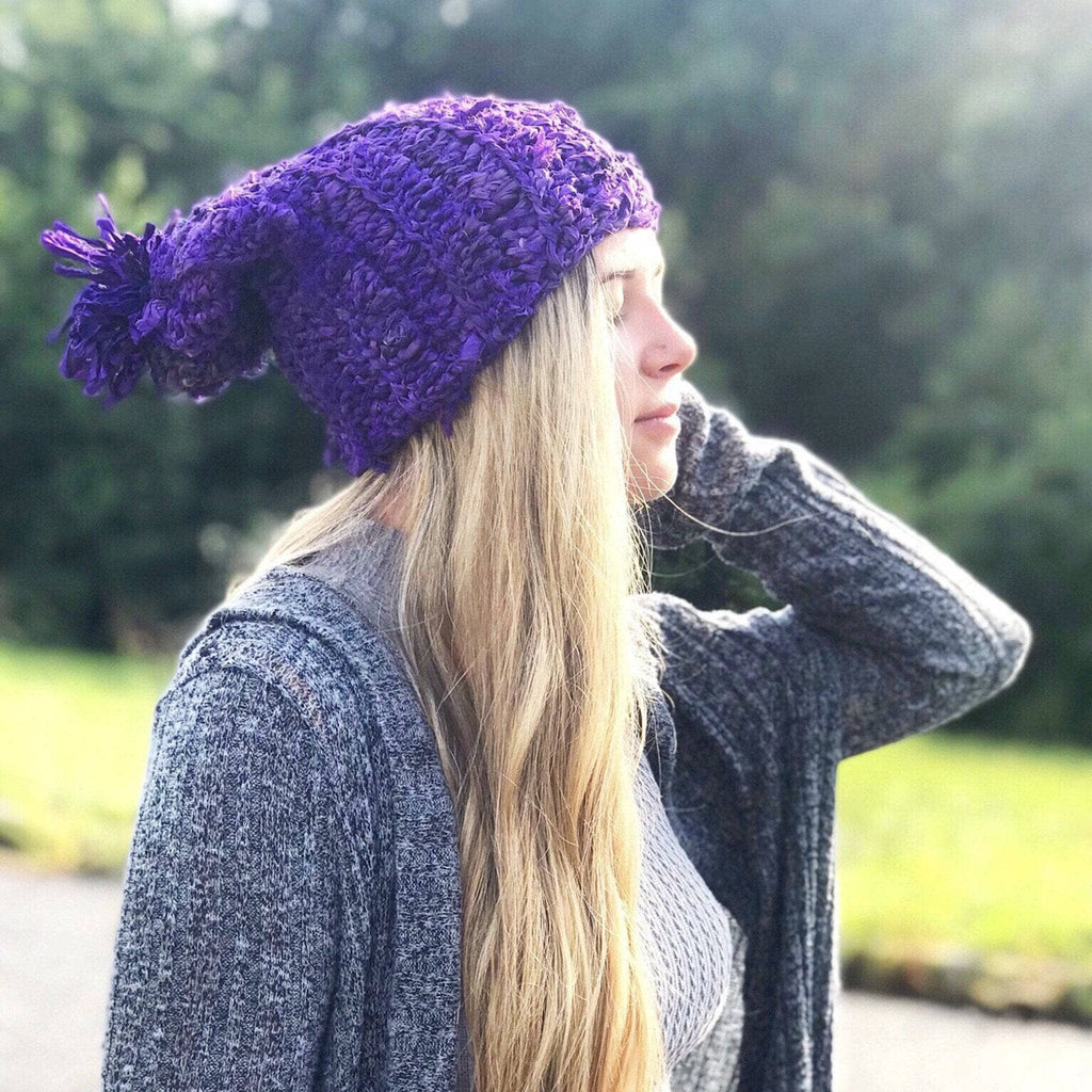 Purple Sari Silk Ribbon Beanie Crochet Pattern - Bohemian Style