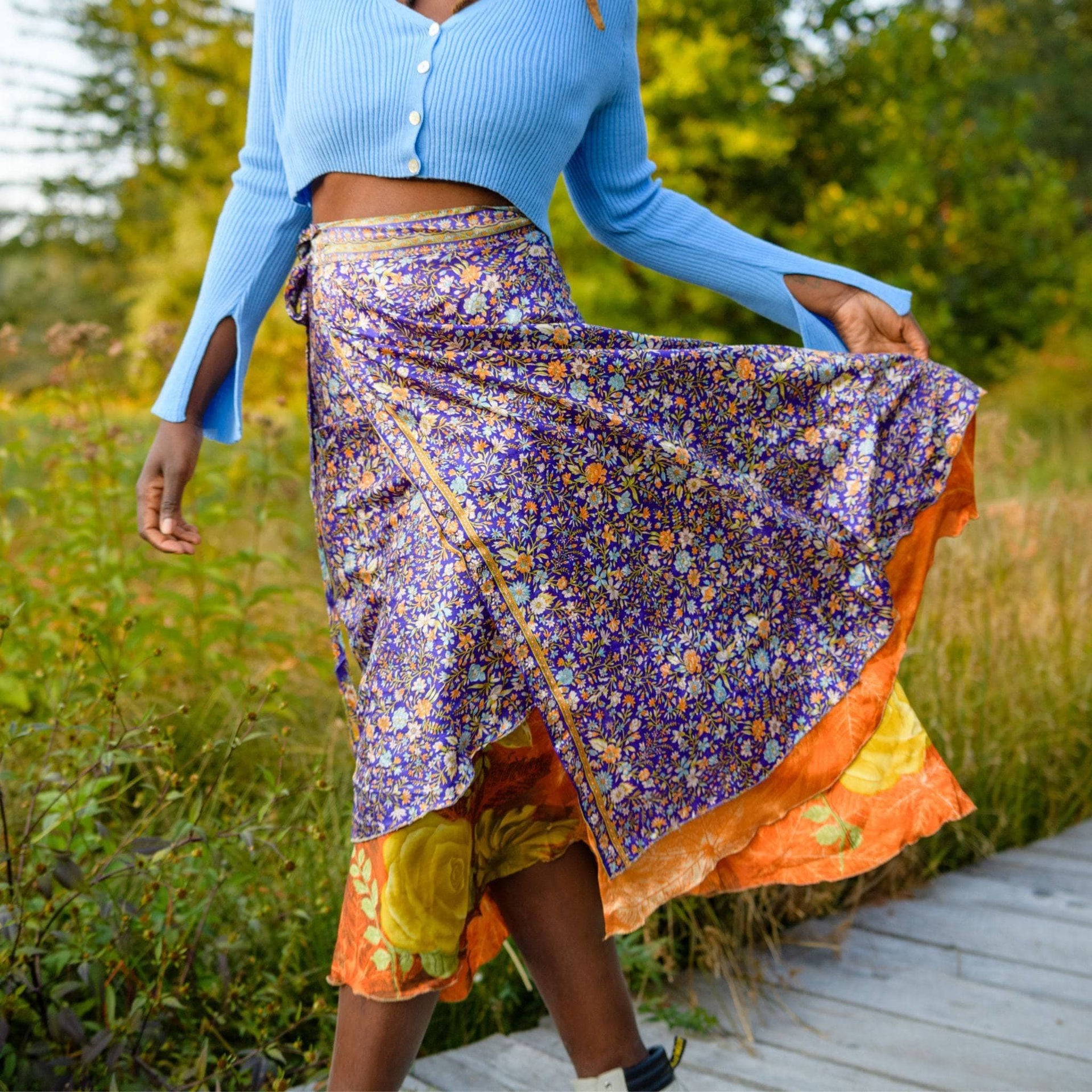 Original Recycled Sari Wrap Skirt: Adjustable Reversible Boho Style