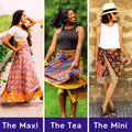 A woman wearing a vibrant, eclectic silk sari wrap skirt from the Discovery 3-Pack in a bohemian setting.