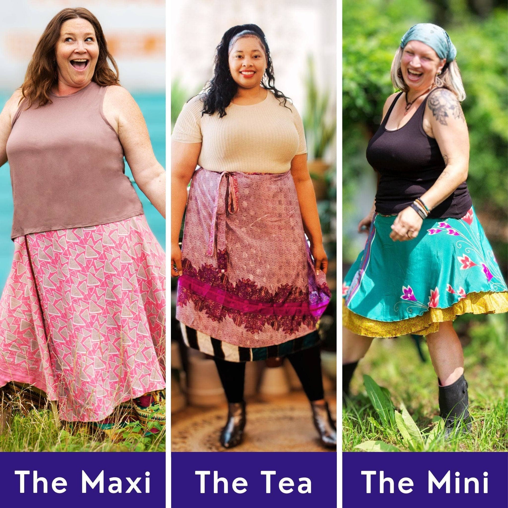 Bohemian Silk Sari Wrap Skirt Discovery 3-Pack - Maxi, Tea, Mini