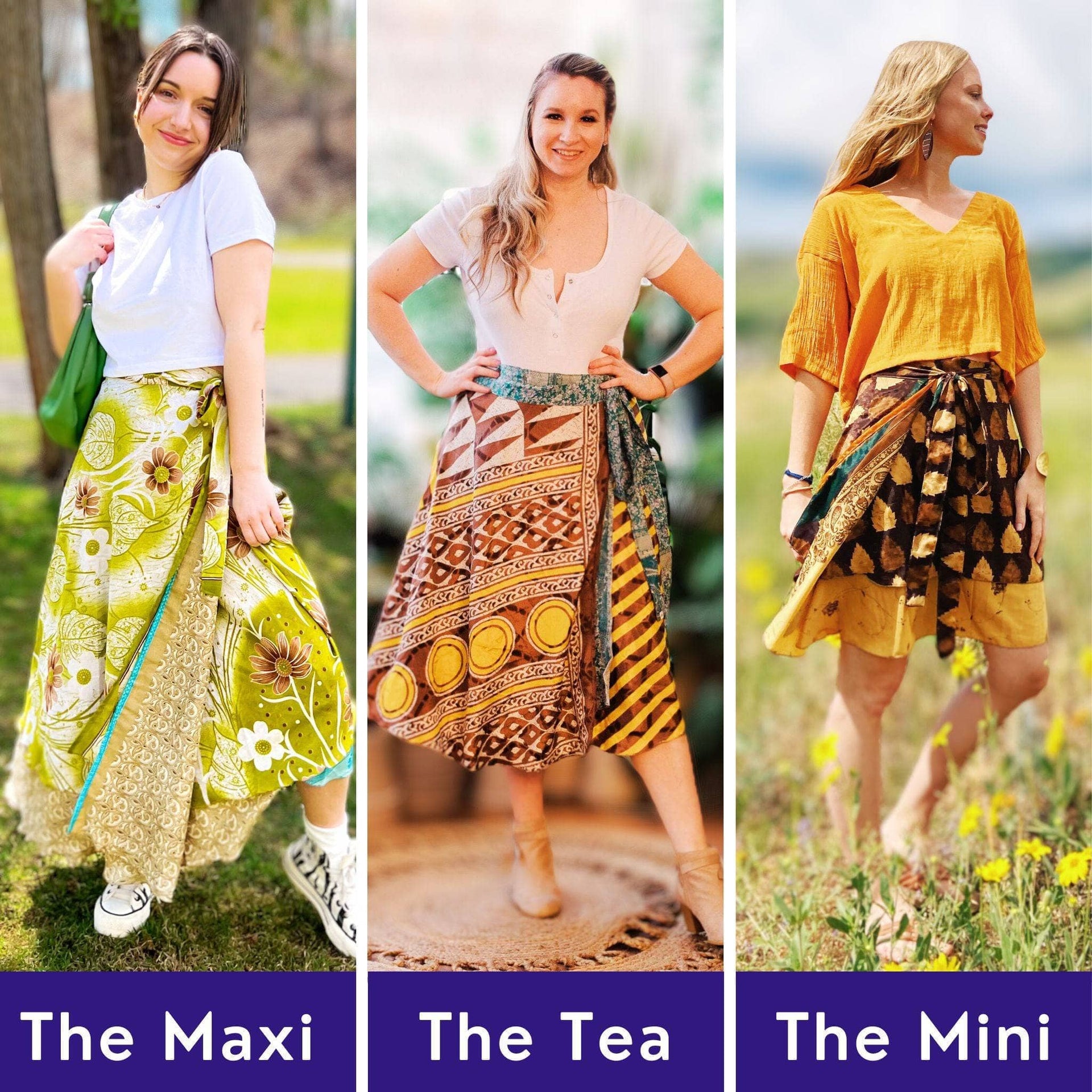 Bohemian Silk Sari Wrap Skirt Discovery 3-Pack - Maxi, Tea, Mini