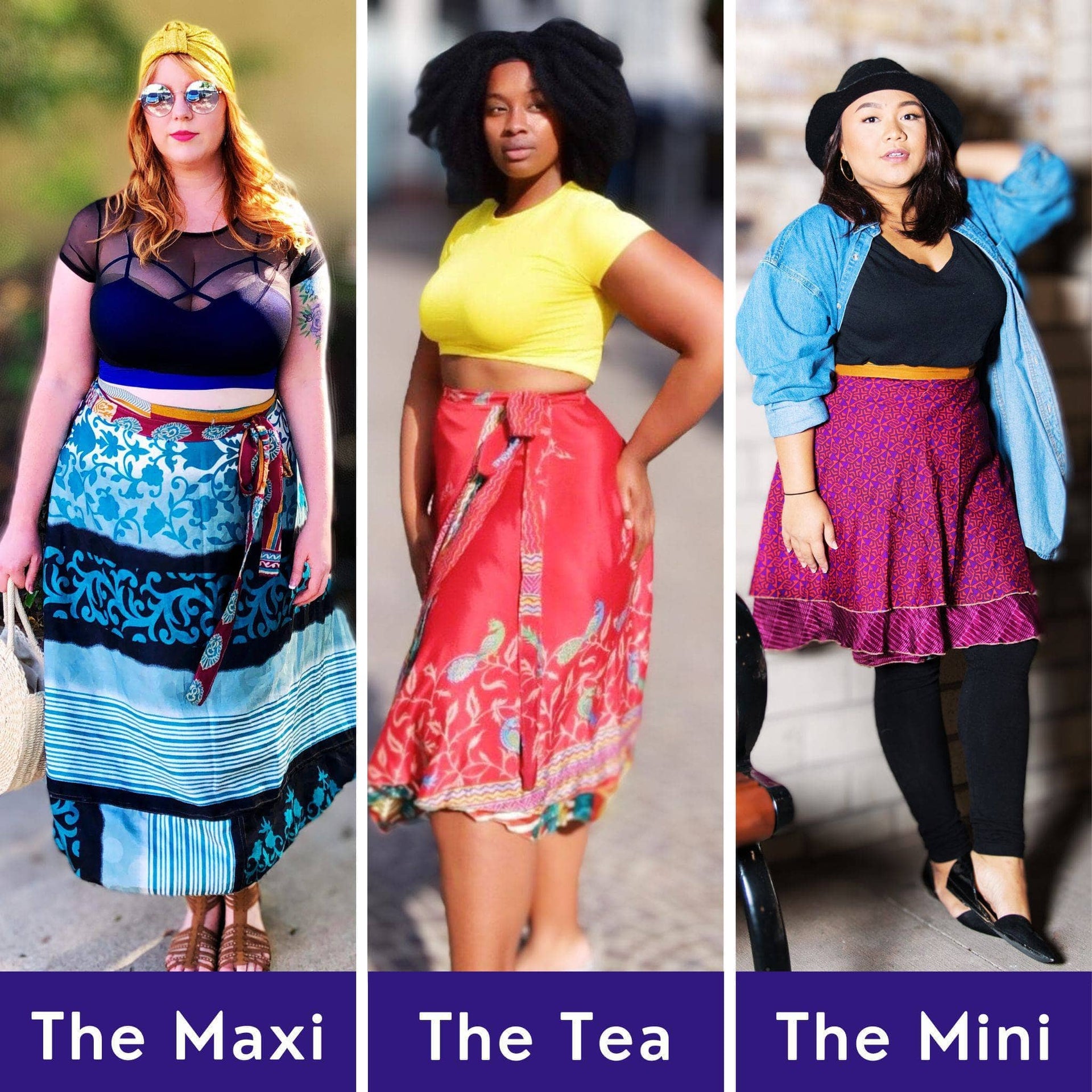Bohemian Silk Sari Wrap Skirt Discovery 3-Pack - Maxi, Tea, Mini
