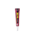 Burgundy tube of Sassi waterproof dark eyelash glue with yellow text and white cap.