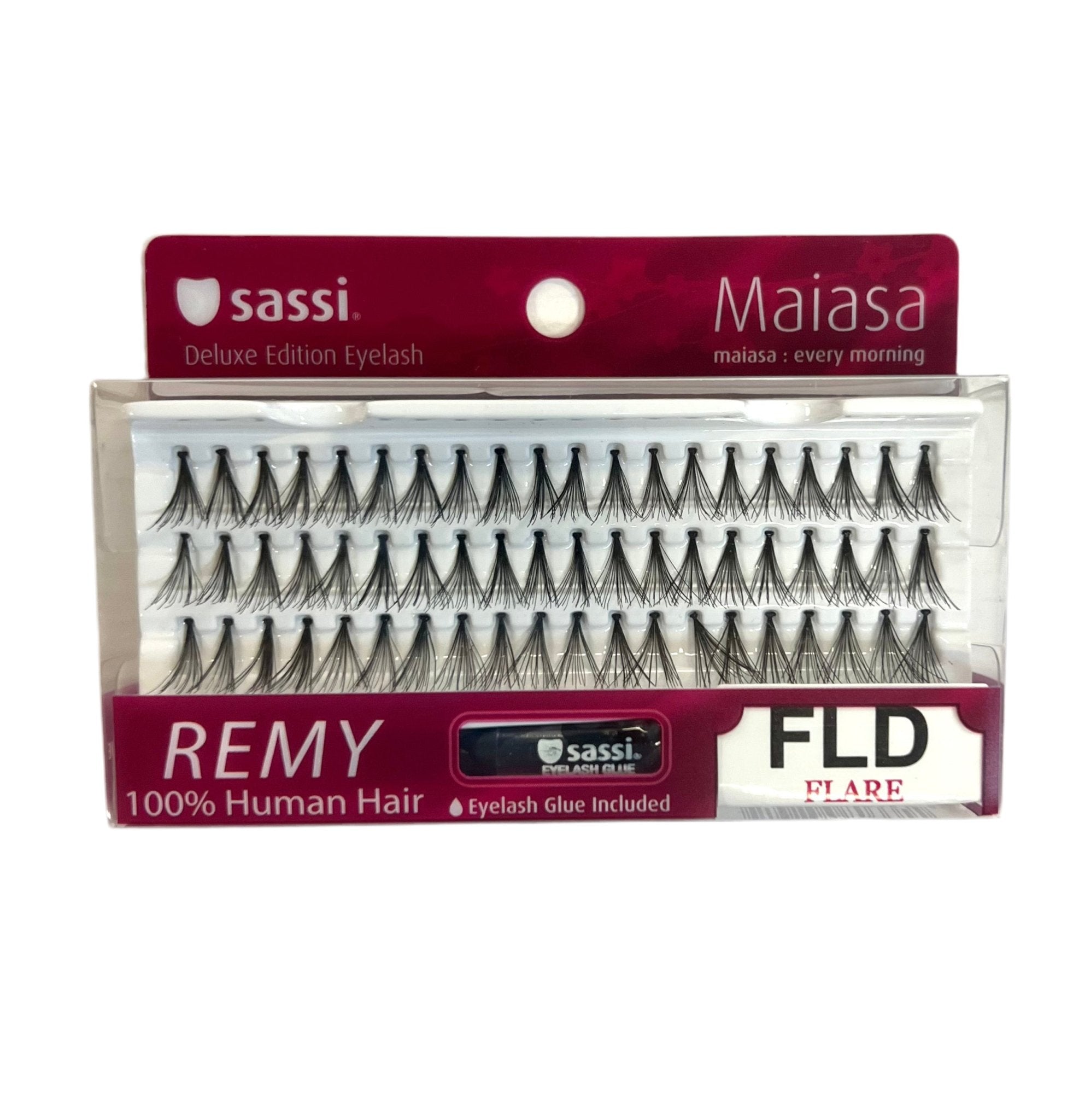 Close up of Sassi individual knot-free long double eyelashes in black on a white tray