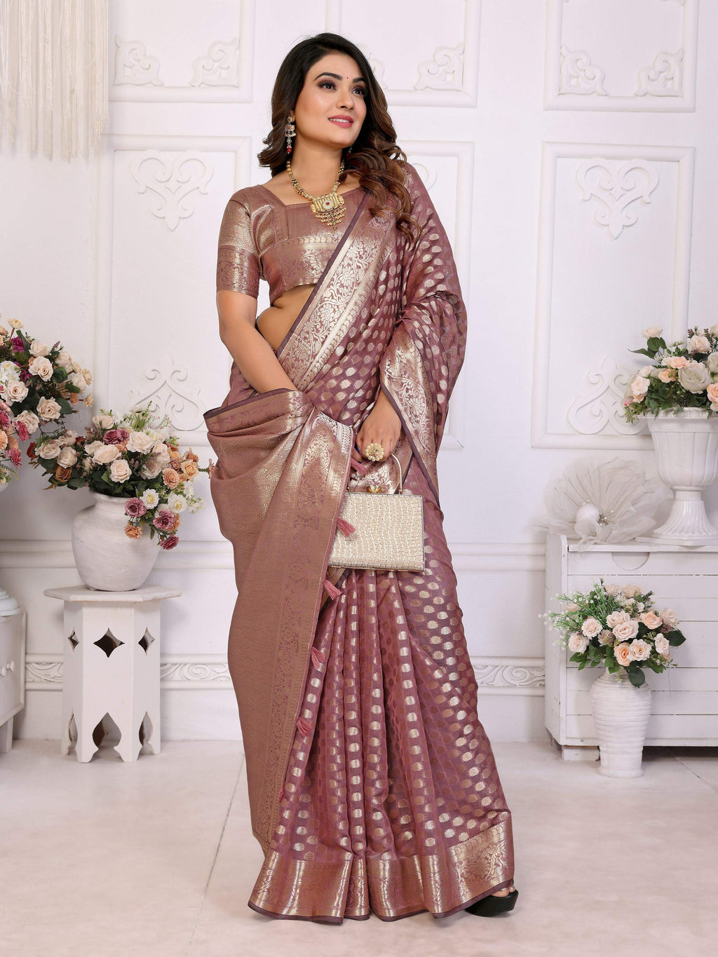 Dusty Rose Organza Silk Saree with Elegant Traditional Weaving