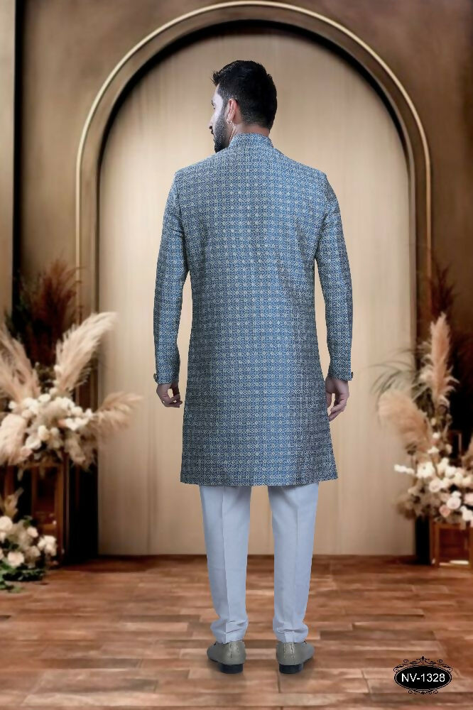 Boys Blue Brocade Kurta with White Polo Pyjamas Festive Set