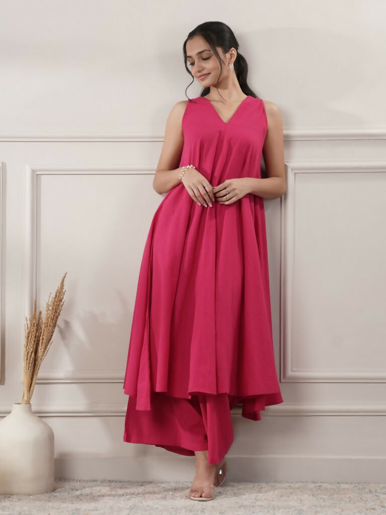 Fuchsia Cotton A-Line Midi Dress and Pants Set