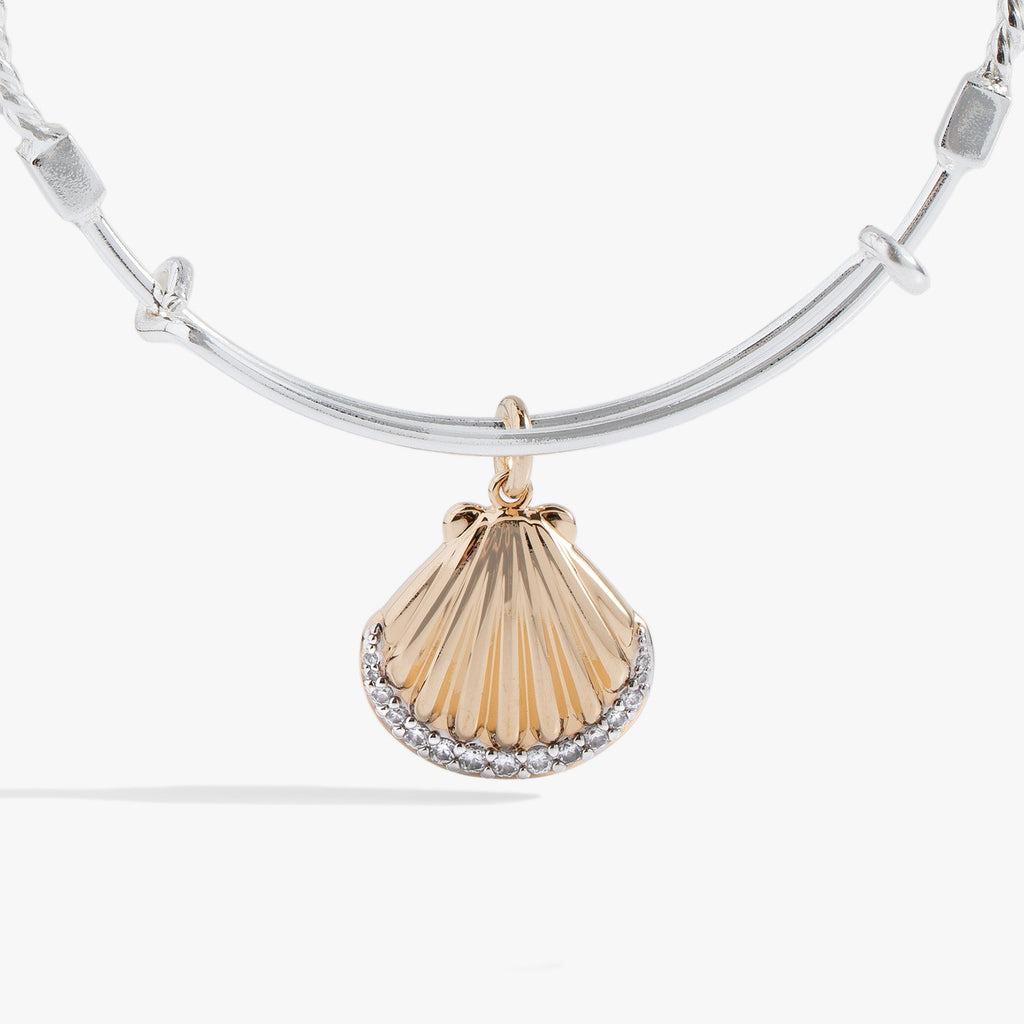 Textured Scallop Seashell Charm Bangle in Two-Tone Finish