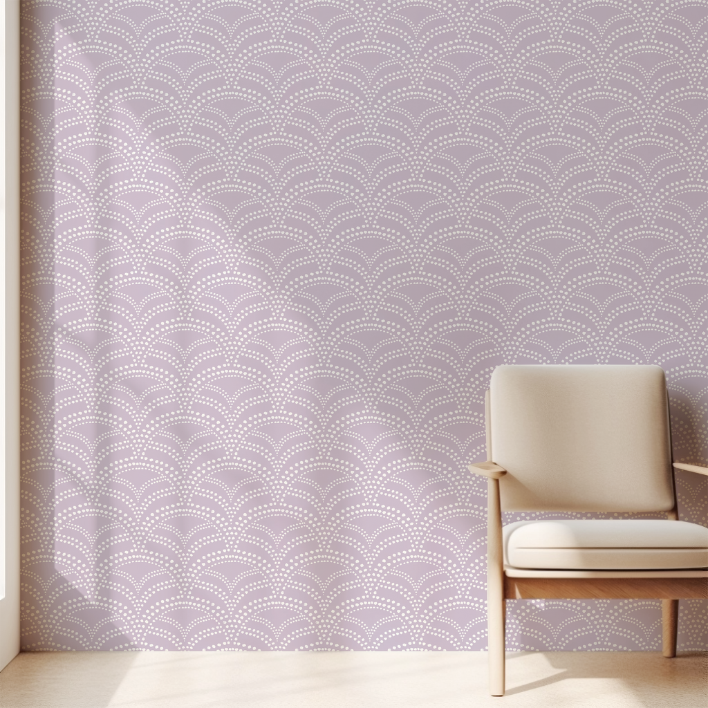 Porter geometric wallpaper in mauve and white on a modern bedroom accent wall
