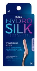 Three-count pack of Schick Hydro Silk Dermaplaning replacement blades in packaging.