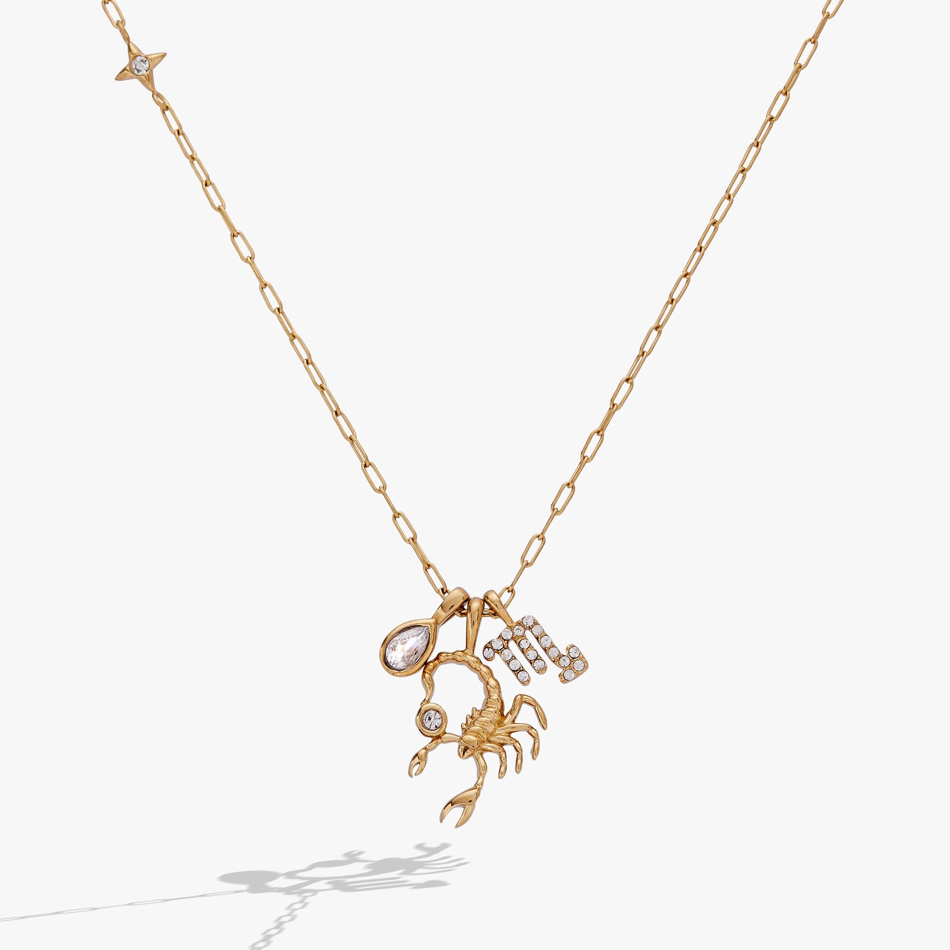 Scorpio zodiac charm necklace in gold-plated stainless steel with pear-shaped crystal charm