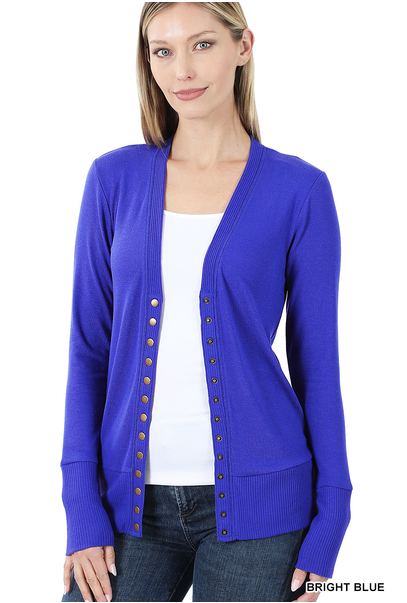 Bright Blue snap-front cardigan with long sleeves