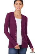 Dark Plum snap-front cardigan with full sleeves worn by a model