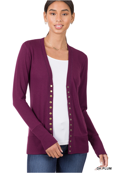 Dark Plum snap-front cardigan with full sleeves worn by a model