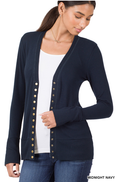 Midnight navy long-sleeve cardigan with snap-front buttons