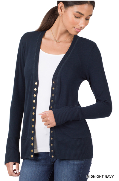 Midnight navy long-sleeve cardigan with snap-front buttons