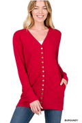 Burgundy snap-front cardigan with pockets and long sleeves
