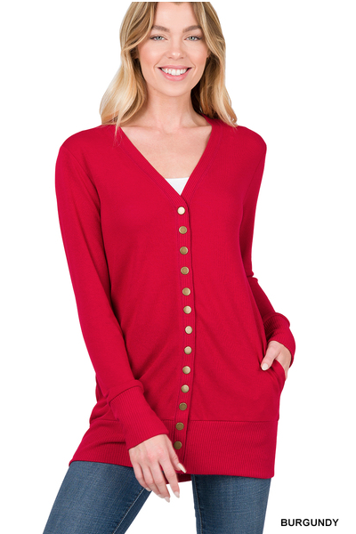 Burgundy snap-front cardigan with pockets and long sleeves