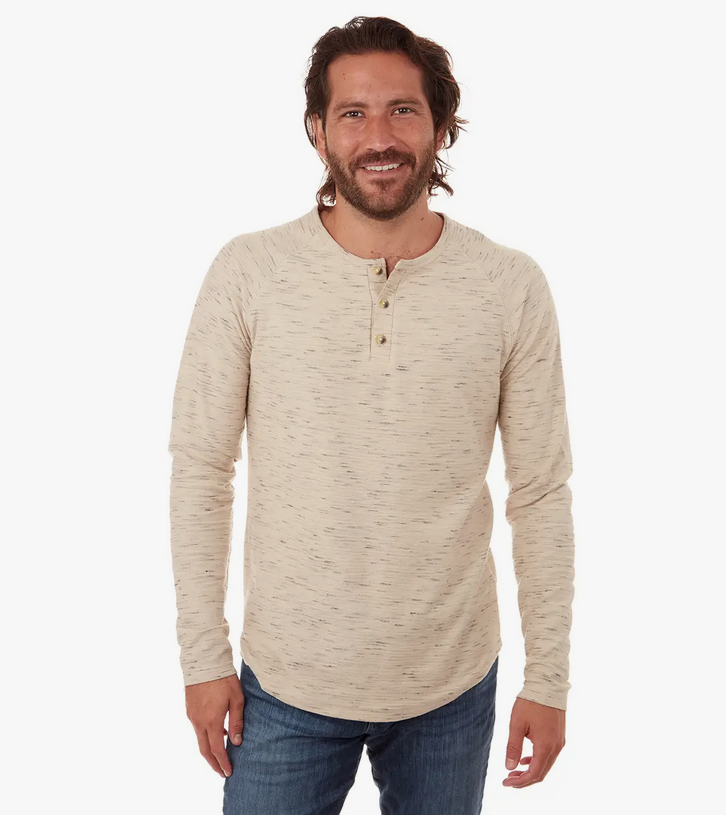 Beckett Long Sleeve Henley in Almond color, a soft cotton-blend top with a classic neckline.
