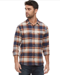 Front view of Peters Long Sleeve Flannel Shirt in Navy, Brown, and Rust plaid pattern