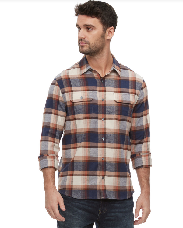 Front view of Peters Long Sleeve Flannel Shirt in Navy, Brown, and Rust plaid pattern