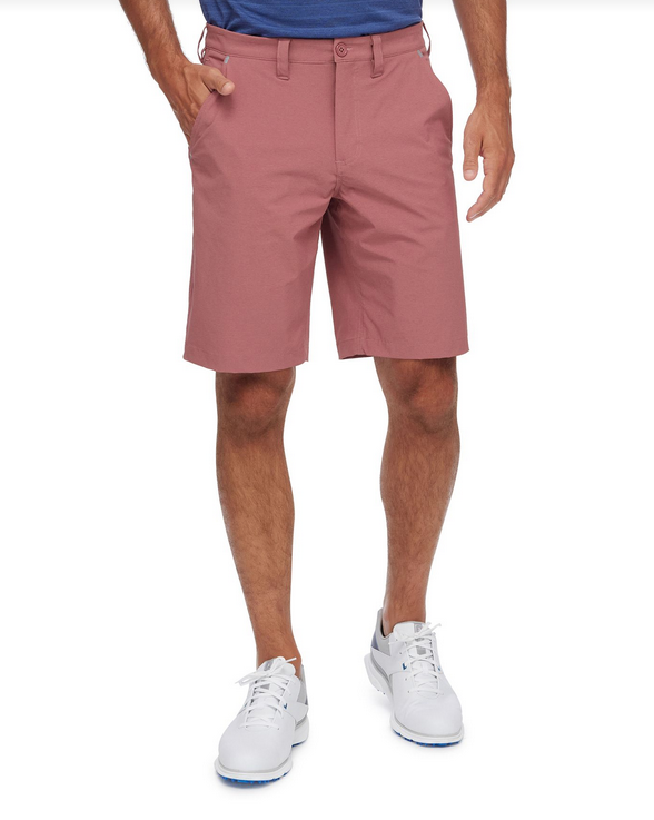 Men wearing dusty-rose Any-Wear Stretch Ribstop 8-inch shorts with a button closure, sporty aesthetic.