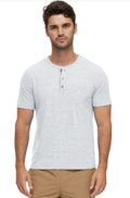 Biscoe SS Snowy Stripe Henley in Light Grey featuring a three-button placket and subtle stripe texture