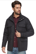 Close-up view of the Charcoal Milford Jacket showing weather-resistant fabric and classic design