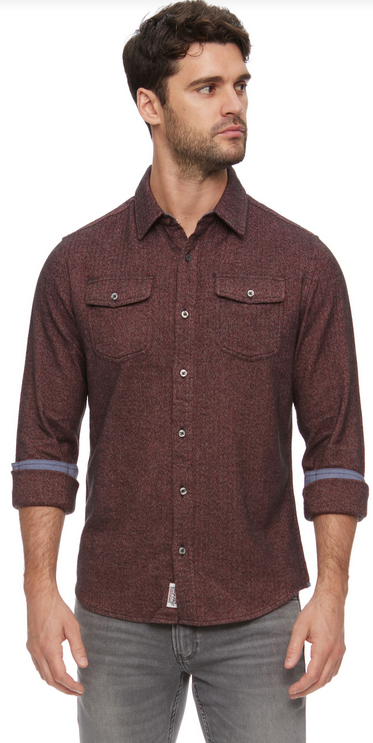 Burnsville Solid Stretch Flannel long sleeve shirt in maroon featuring a soft cotton blend fabric