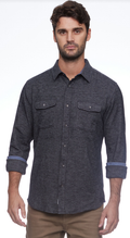 Charcoal Burnsville Solid Stretch Flannel Long Sleeve shirt shown in a tailored fit.