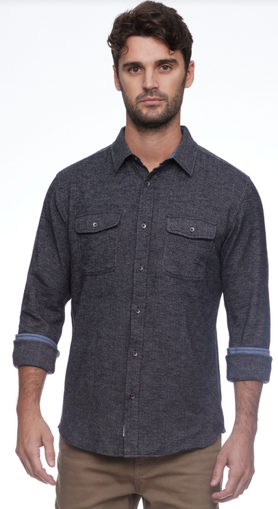 Charcoal Burnsville Solid Stretch Flannel Long Sleeve shirt shown in a tailored fit.
