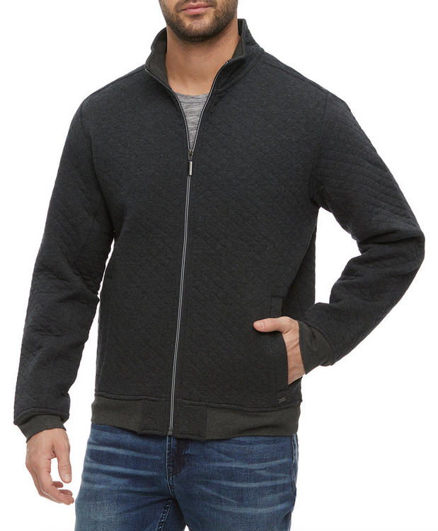 Close-up of the Alloway Quilted Full Zip Jacket in Charcoal with mock neck collar and full-zip detail