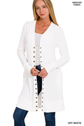 Full Sleeve Long Snap Cardigan in Off White featuring a button-down snap front and long sleeves.