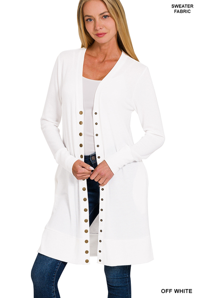 Full Sleeve Long Snap Cardigan in Off White featuring a button-down snap front and long sleeves.