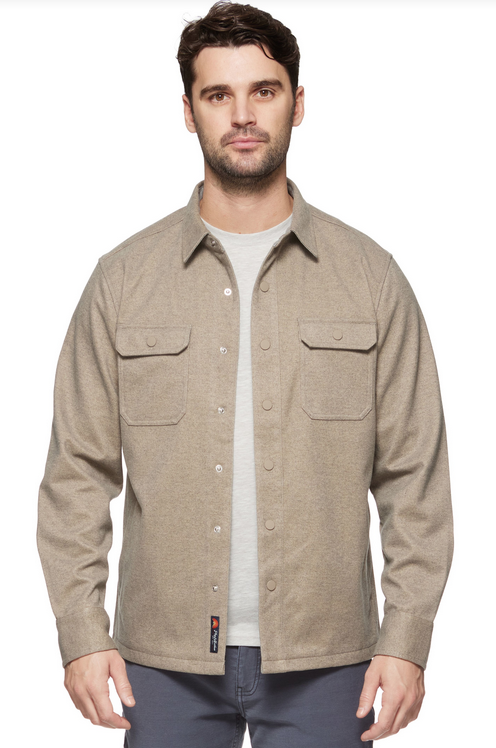 Front view of the Hamlin Stretch Twill Shirt Jacket in Oatmeal, featuring a structured collar and button-down front.