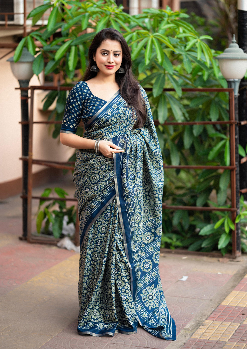 Blue Cotton Blend Ajrak Saree with traditional zari woven border and unstitched blouse
