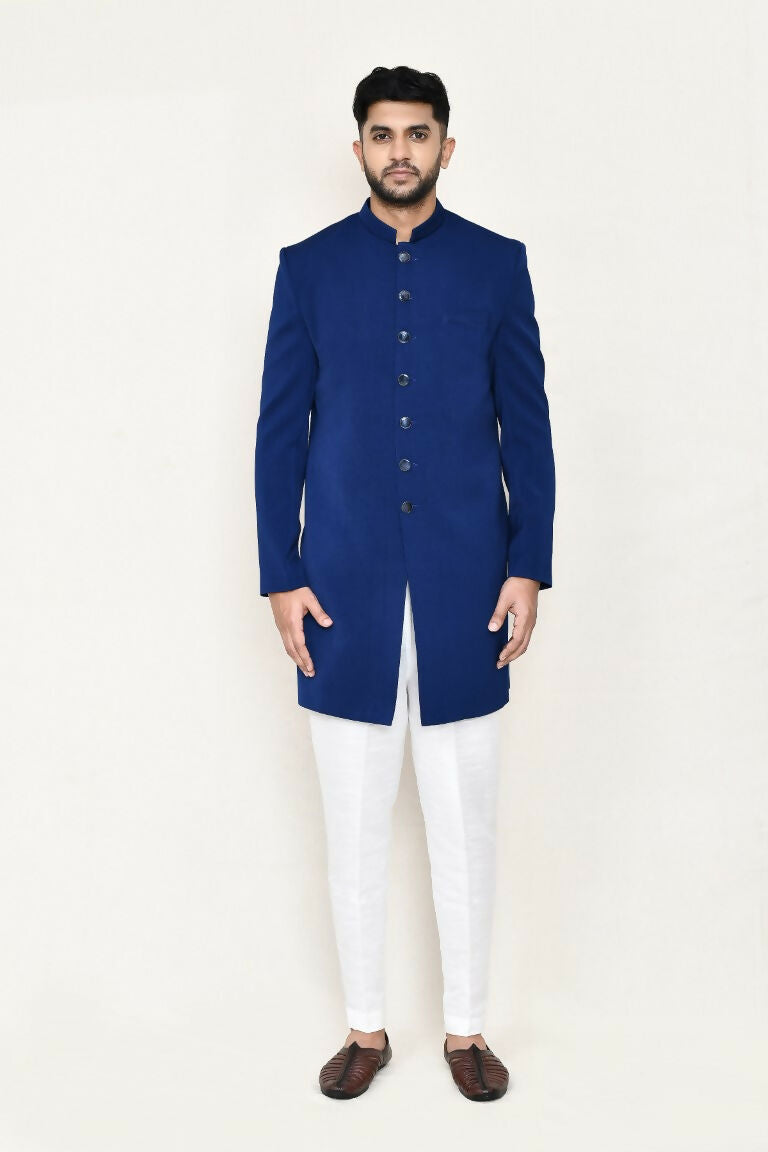 Blue Imported Jacquard Open Jacket Indo Western Set with Pant