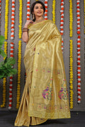 Mehendi green Paithani silk saree with gold Zari woven patterns and matching blouse