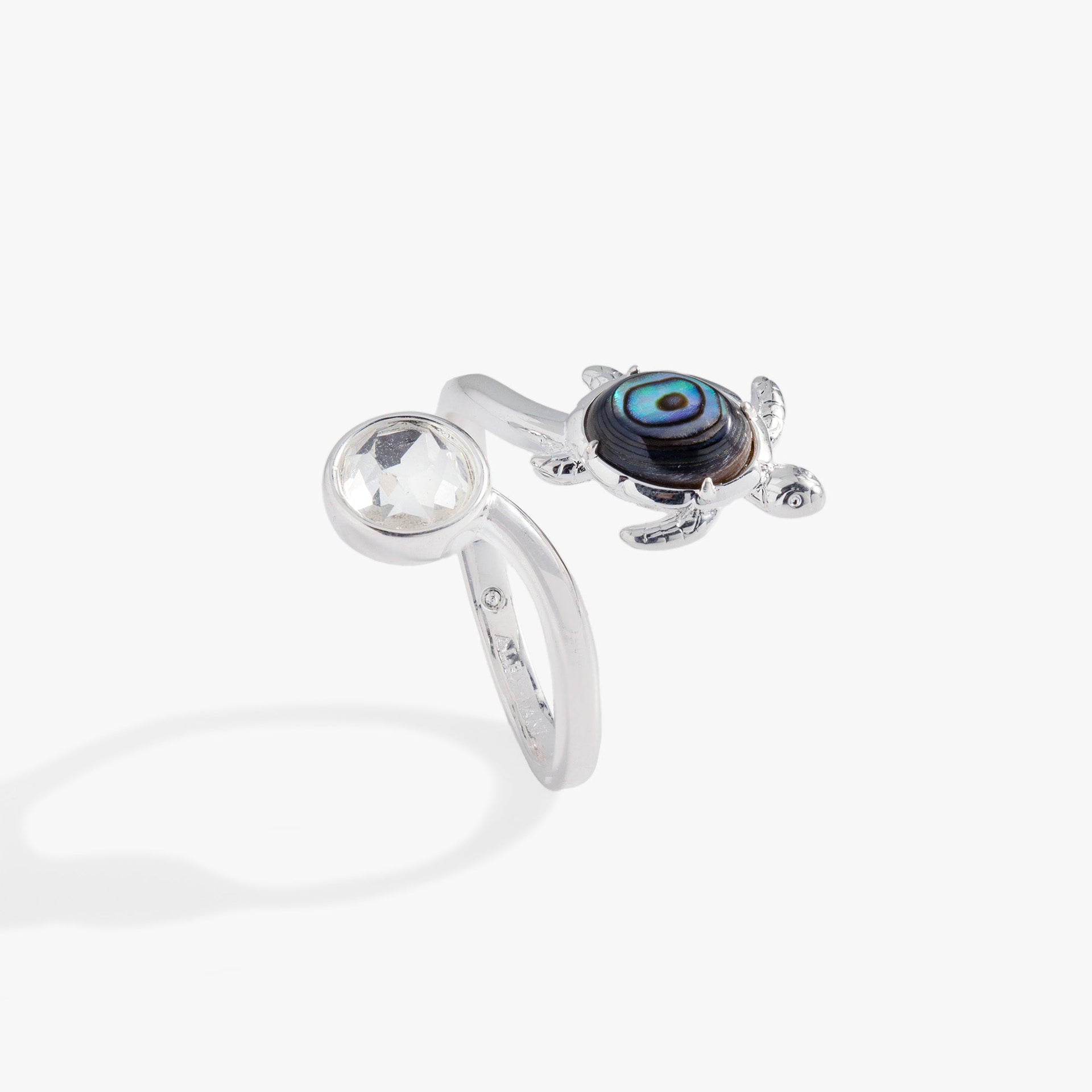 Sea Turtle Ring with Blue Cabochon Shell and Clear Crystal