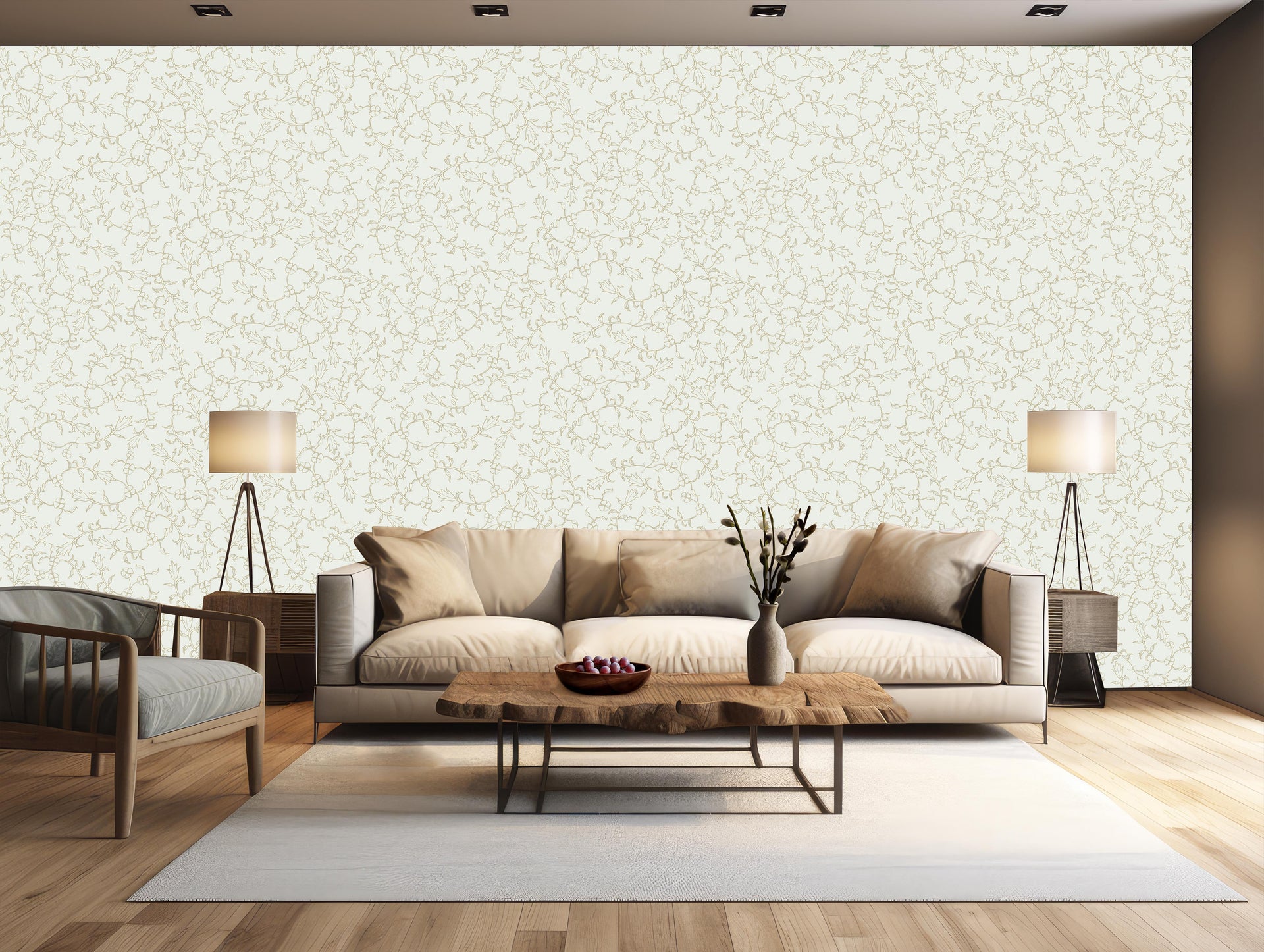 Maeva Floral Wallpaper in Beige, Blue-Gray and Off-White