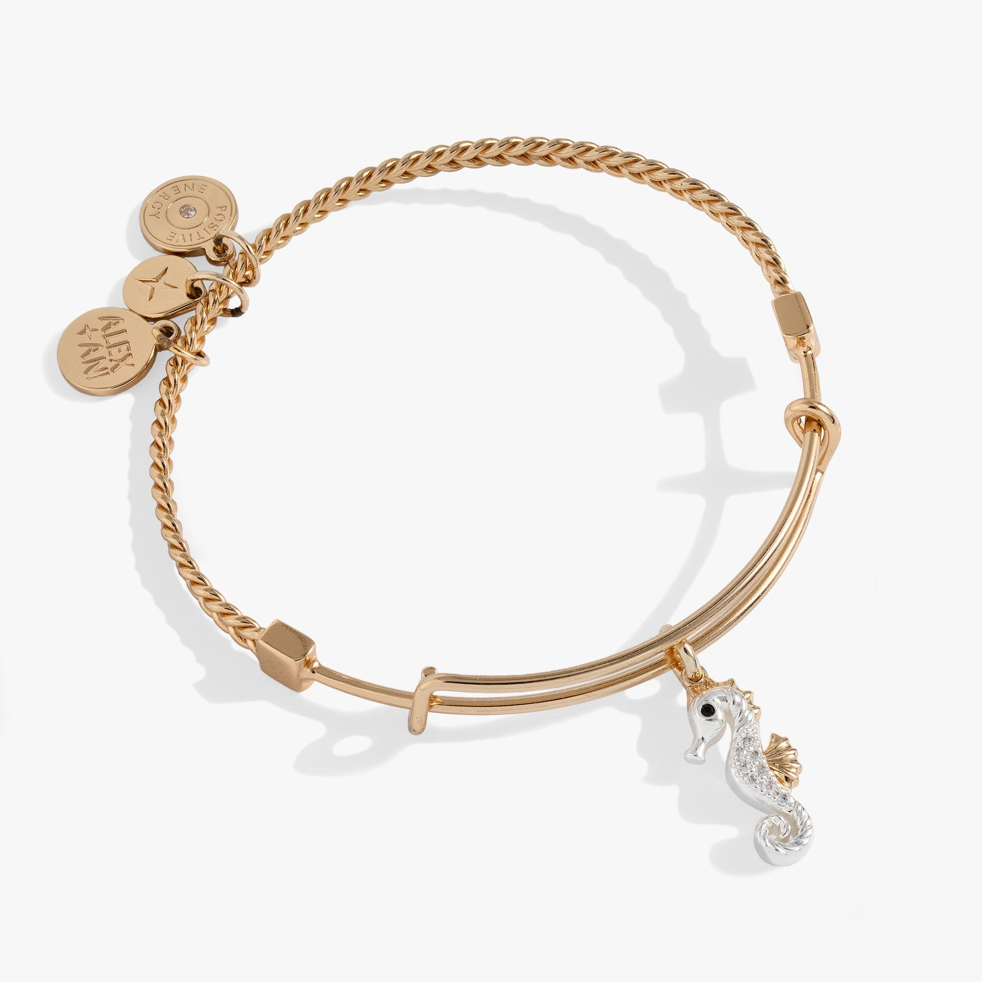 Two-tone silver and gold seahorse charm bangle with nautical rope texture.