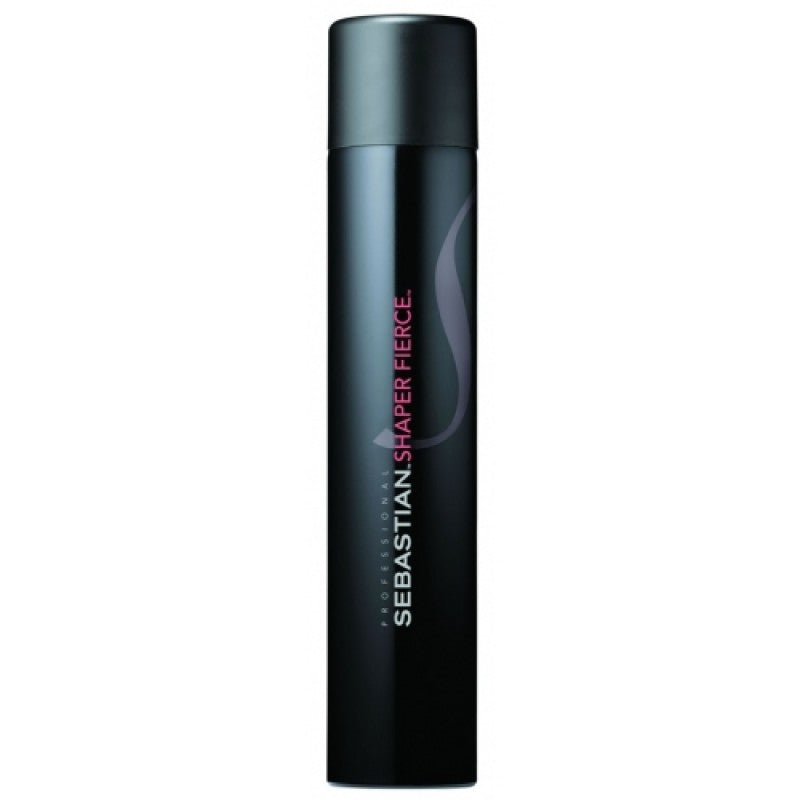 Sebastian Shaper Fierce 10.6 oz hairspray in a sleek black bottle with violet branding.