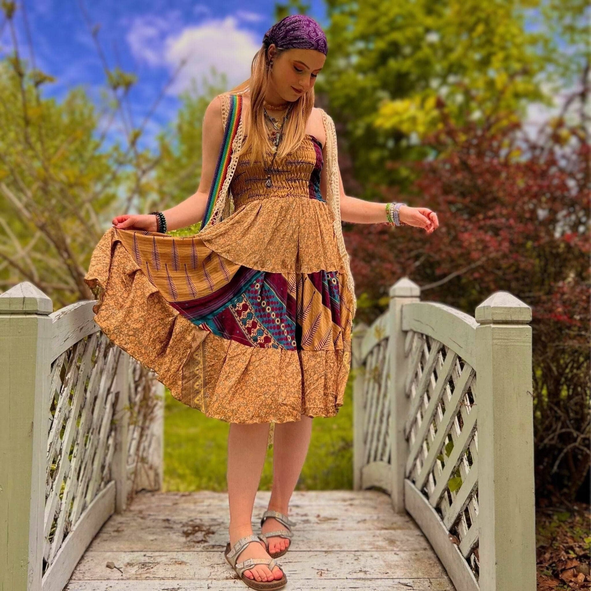 Sedona Patchwork Midi Dress: Bohemian A-Line Sleeveless Dress