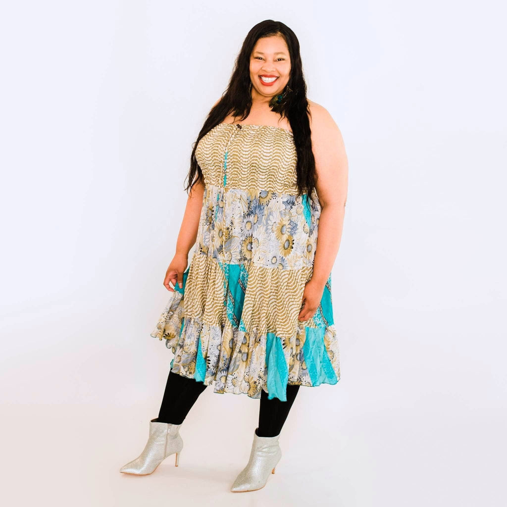 Sedona Patchwork Midi Dress: Bohemian A-Line Sleeveless Dress