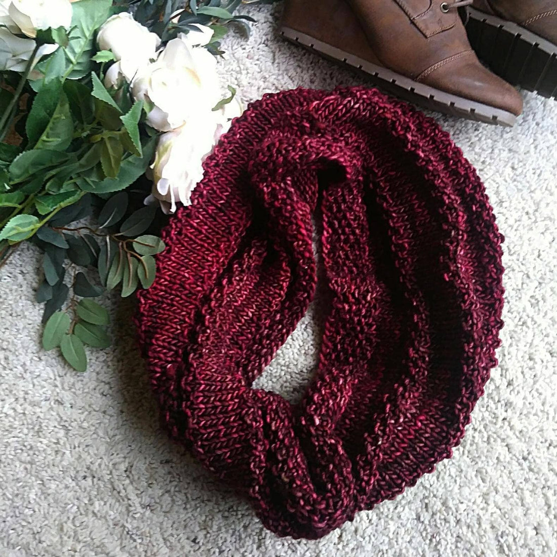 Finished Seed Ridge Infinity Cowl knit with bulky yarn