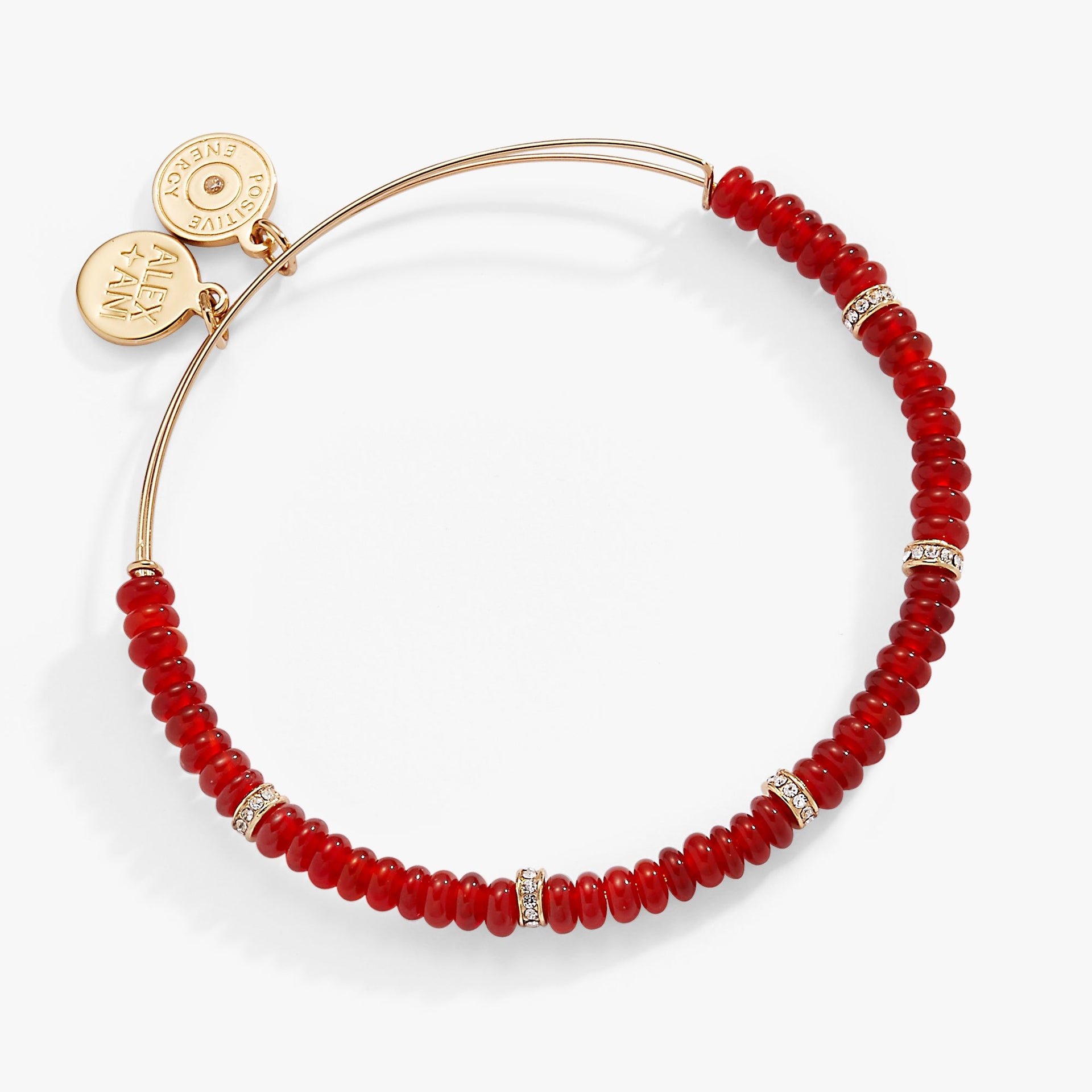 Red semi-precious rondelle beaded bangle with gold-tone spacers and clear crystals