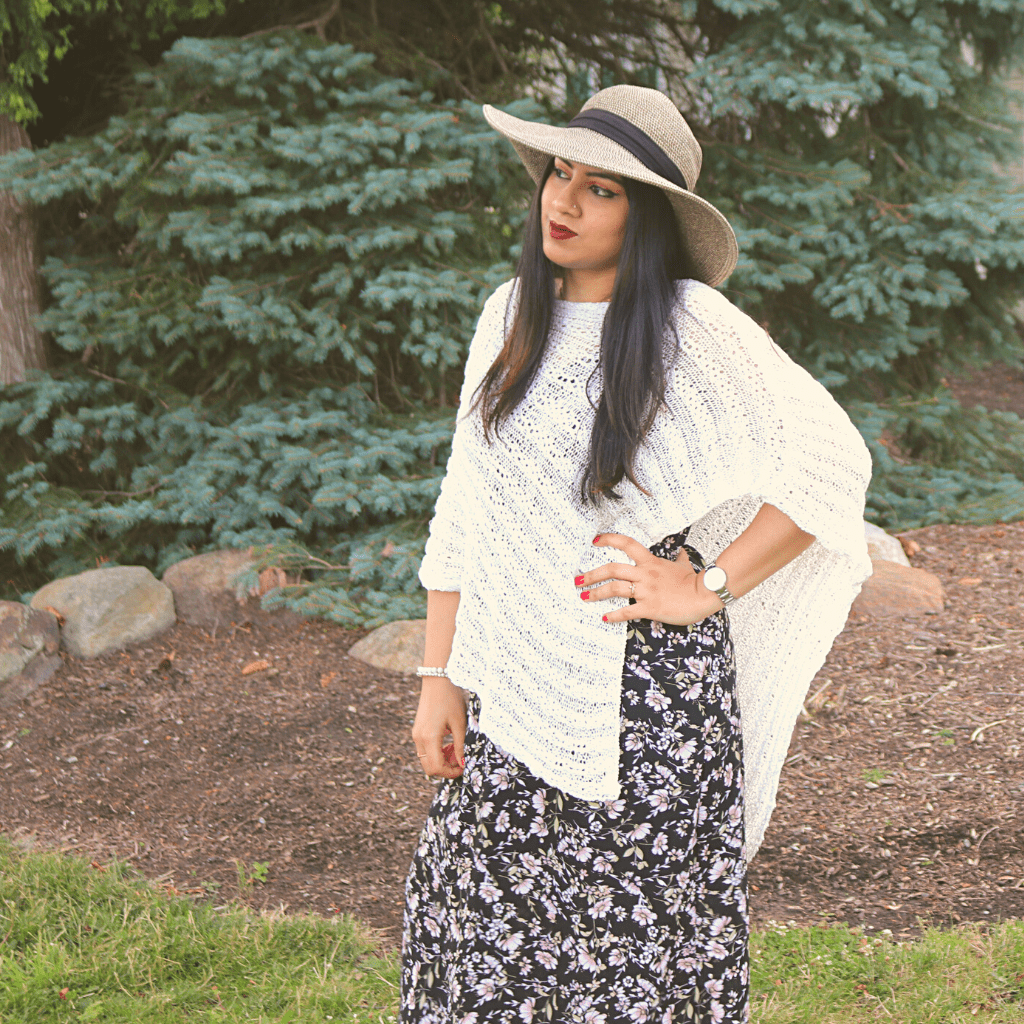 Intermediate knitting pattern for the Serene Simplicity Poncho shown as a finished garment.